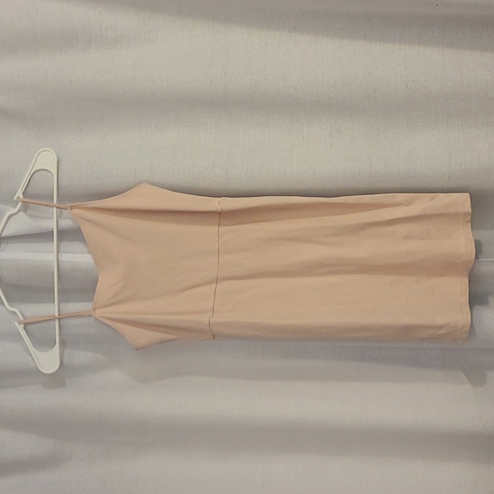 Asymmetrical neckline light pink mini dress